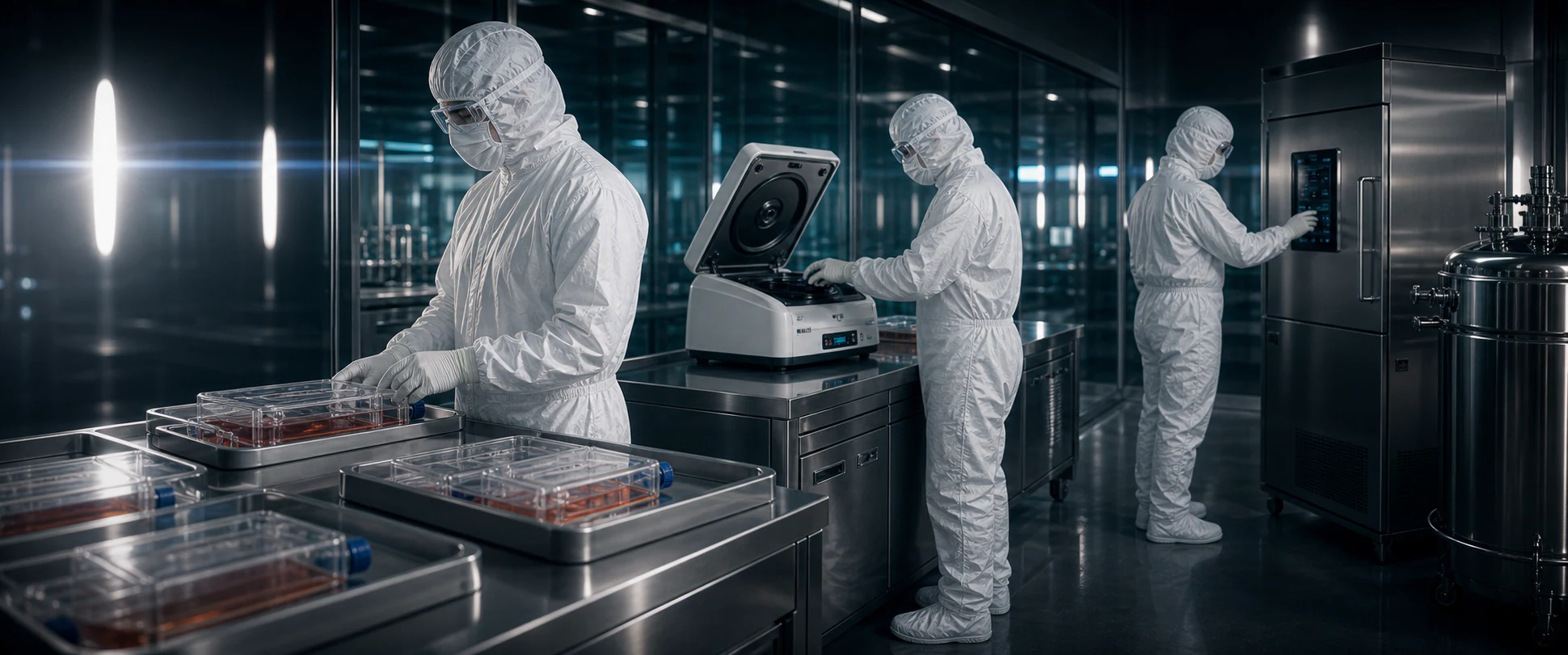 Fully gowned GMP operators handling centered-neck T-flasks, a centrifuge, and cryopreservation equipment