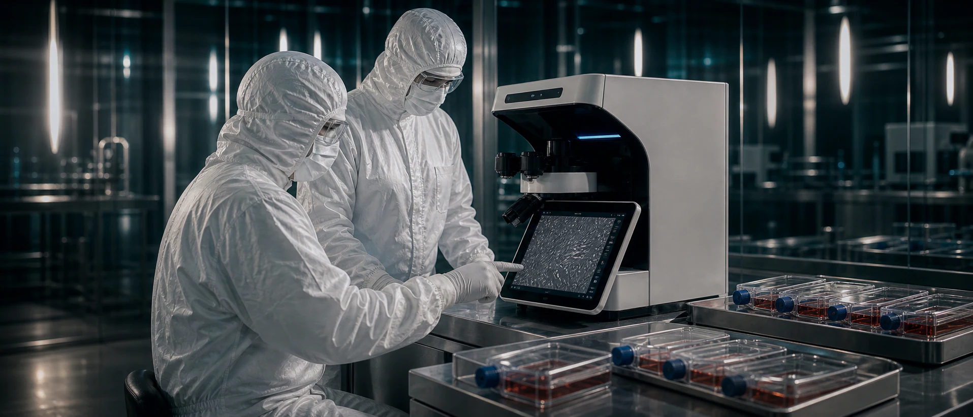 Fully gowned operators reviewing spindle-shaped MSC morphology on a tablet-controlled cell microscope