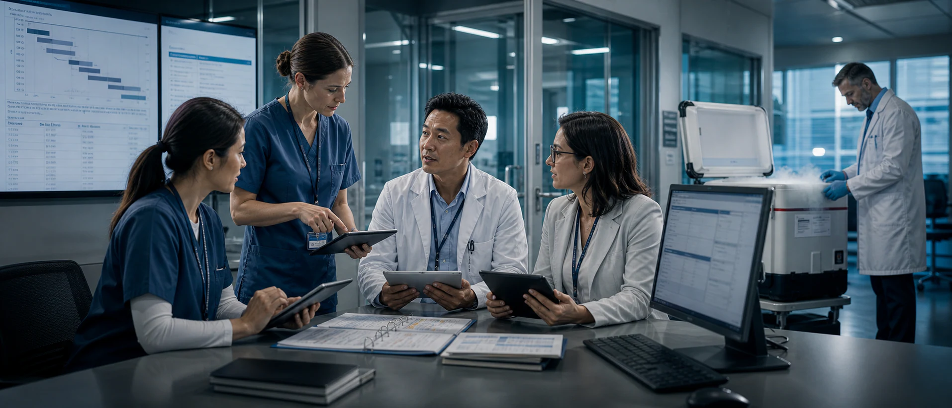 A hospital clinical research team coordinating a cell-therapy trial protocol and visit schedule