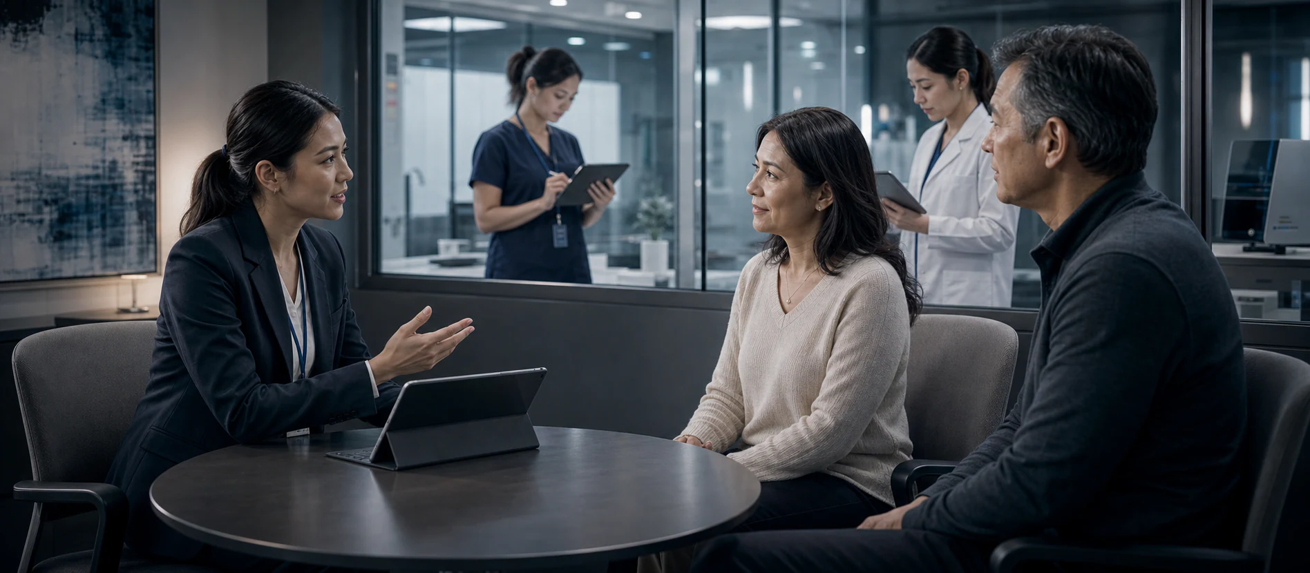 A research coordinator conducting a respectful informed-consent discussion with a trial participant