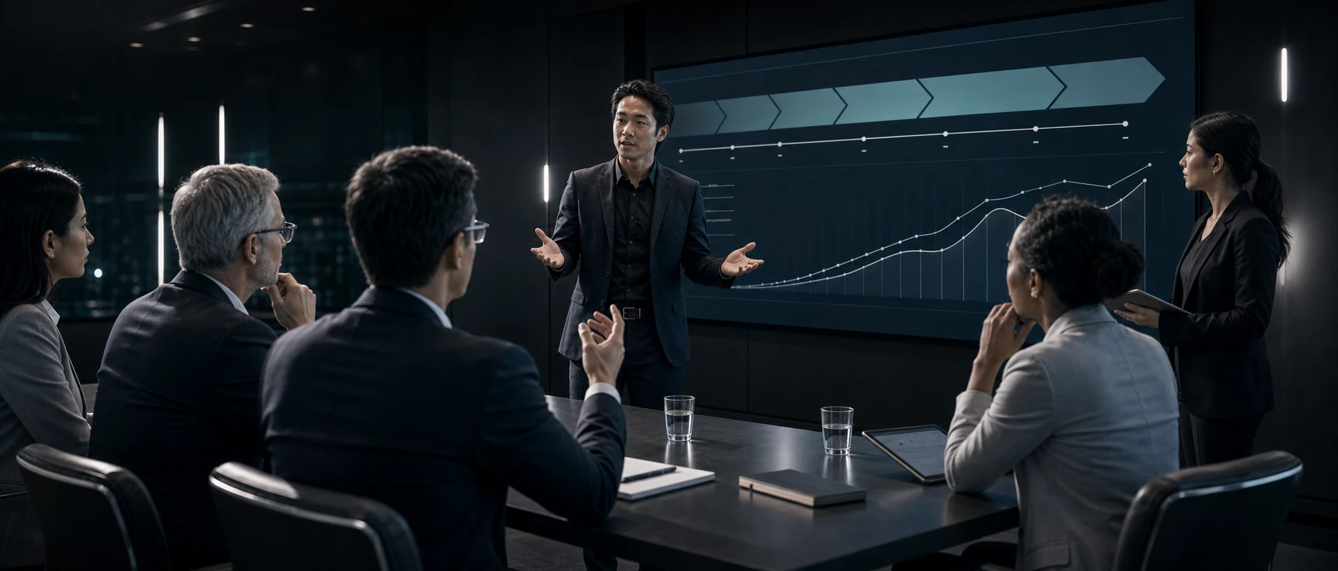 A biotechnology founder presenting a venture pitch to an investor panel