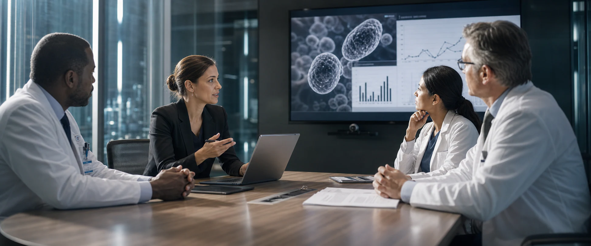 A Medical Science Liaison discussing cell-therapy evidence with clinicians