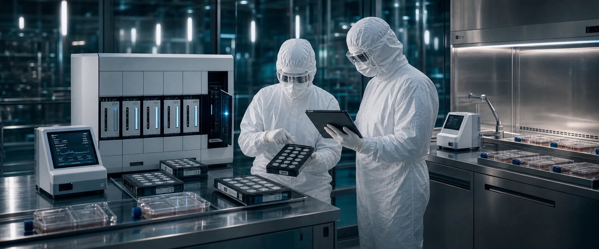 Gowned microbiology specialists reviewing rapid microbial testing and environmental monitoring