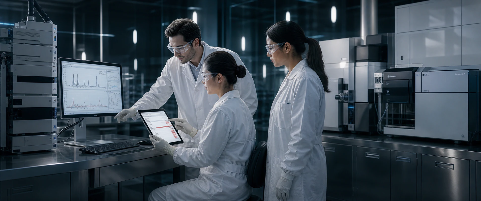 Analytical quality scientists reviewing chromatography results beside closed HPLC and mass spectrometry systems