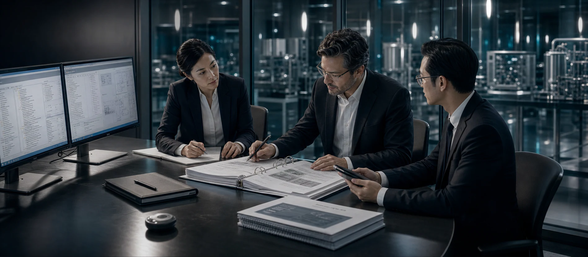 Regulatory and CMC specialists reviewing an electronic dossier and evidence binder