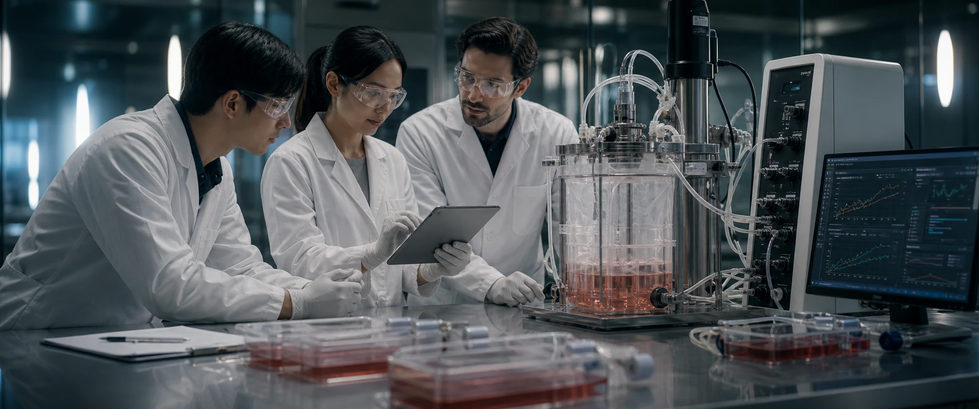 Research scientists optimizing an upstream single-use bioreactor process