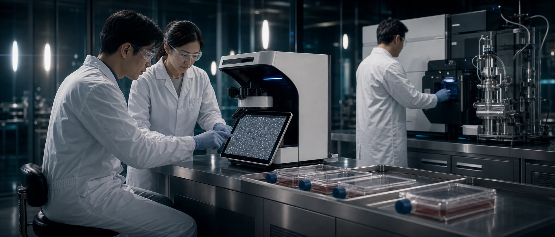 Cell biologists examining spindle-shaped MSC morphology while a colleague works with proteomics instrumentation