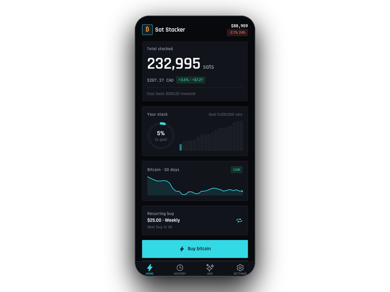 Sat Stacker — Bitcoin DCA savings tracker