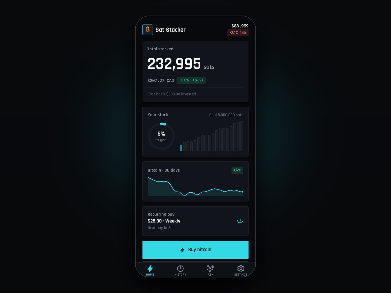 Sat Stacker — Bitcoin DCA tracker