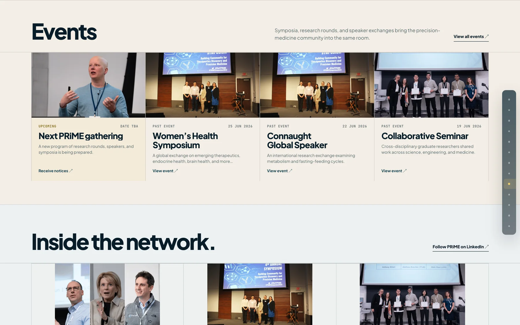 The events section and the social feed titled &lsquo;Inside the network&rsquo;, showing upcoming gatherings and a draggable strip of community content.