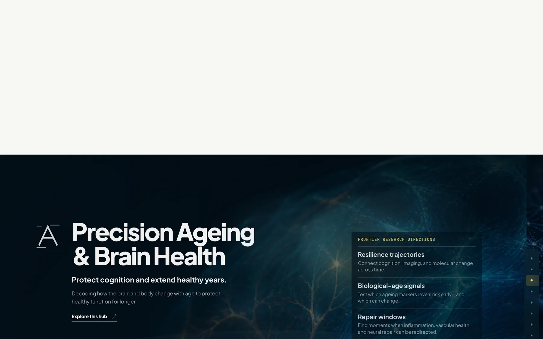 A single research hub state: Precision Ageing and Brain Health, with resilience trajectories, biological age engines and repair windows listed beside it.