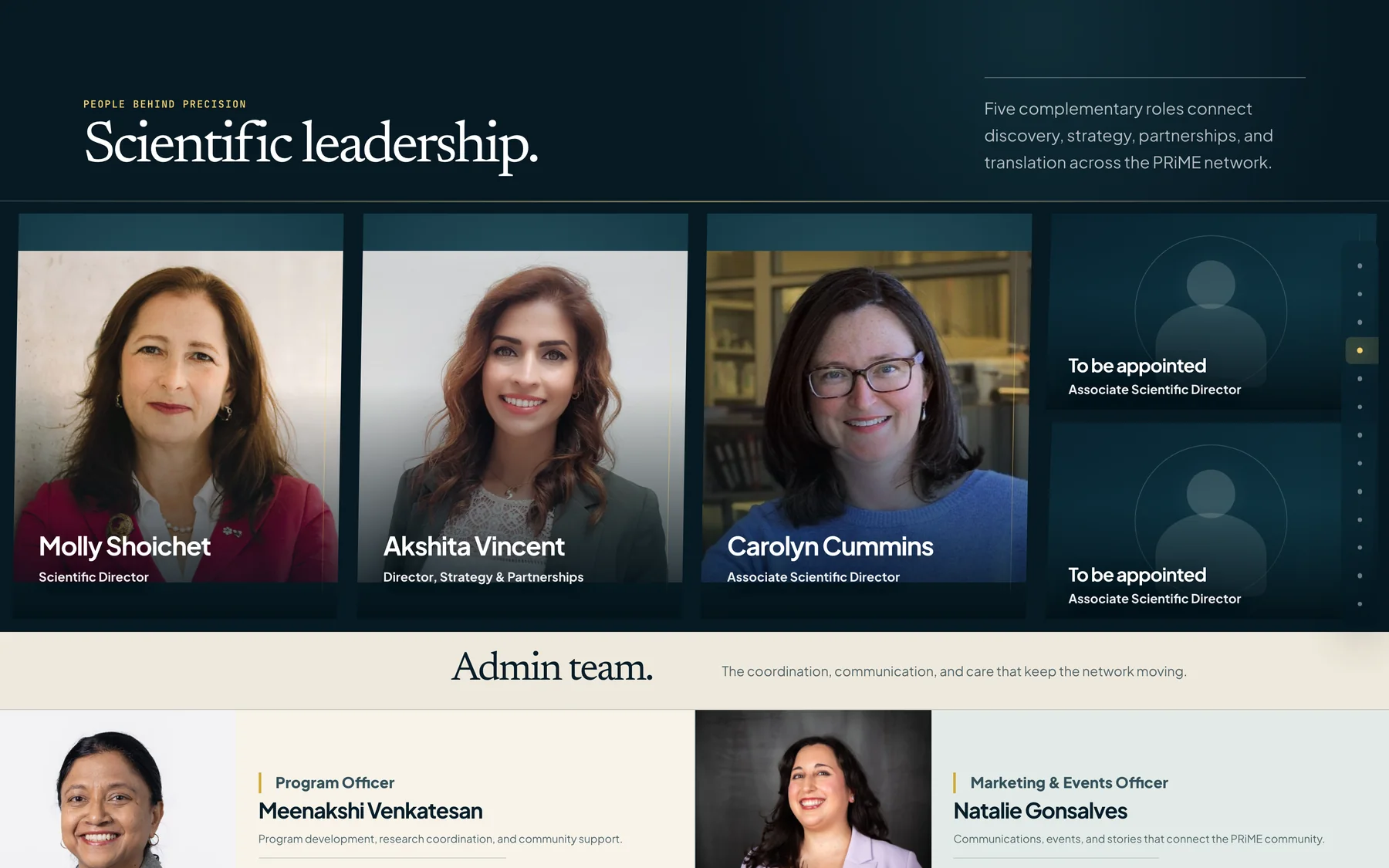 The scientific leadership and administration directory, showing named leaders with their roles alongside to-be-appointed placeholders.