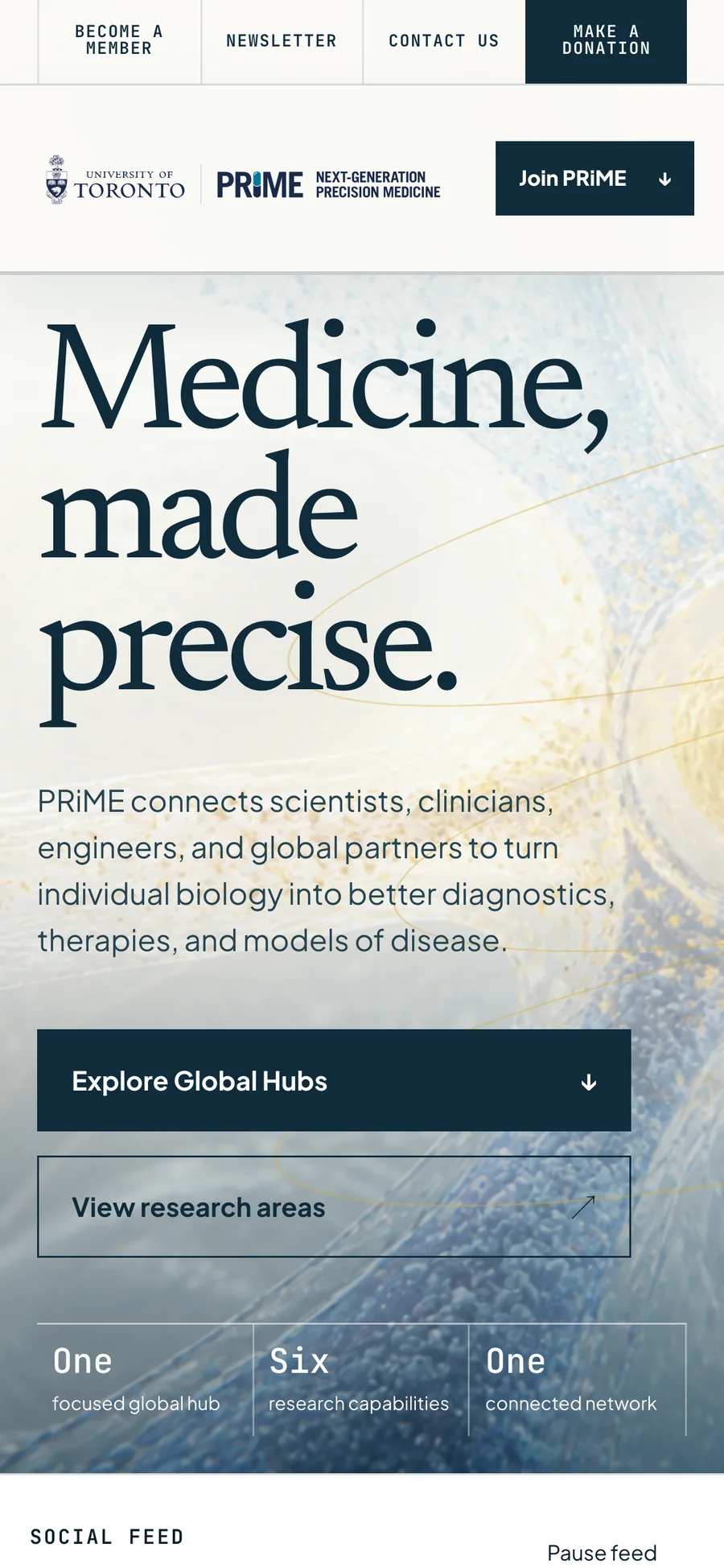 The PRiME concept homepage on a phone: the headline ‘Medicine, made precise’ above stacked entry points to the global hubs and research areas.